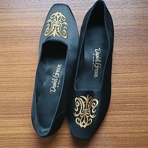 Daniel Green Women's Black Satin Shoes Flats with Gold Embroidery Adornment